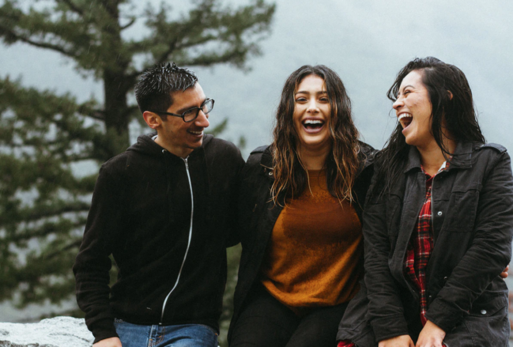 three people, fog, evergreen tree, family day