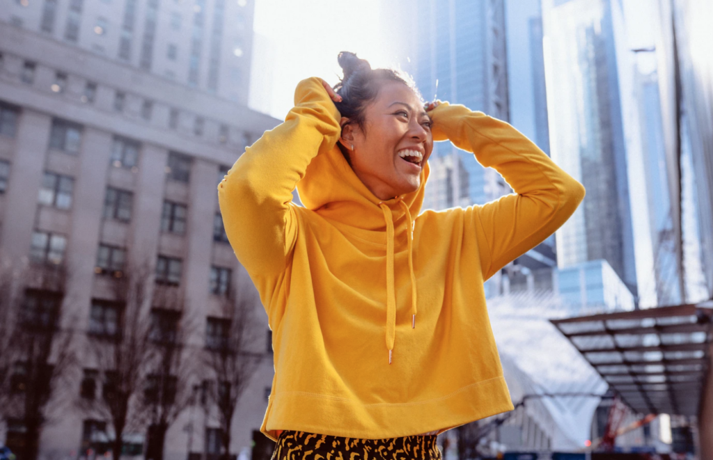 work-study student in yellow hoodie